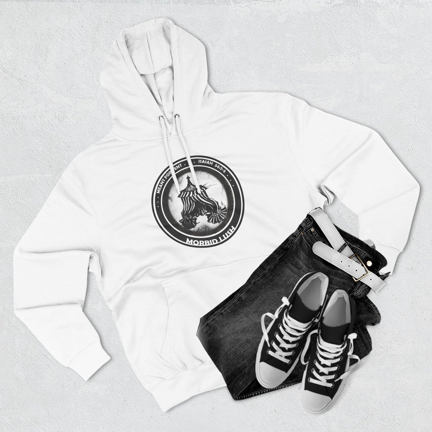 MORBID LUSH - MEANT FOR THE TENT - WHITE FLEECE HOODIE - Cozy Streetwear, Spiritual Gift, Trendy Unisex Apparel
