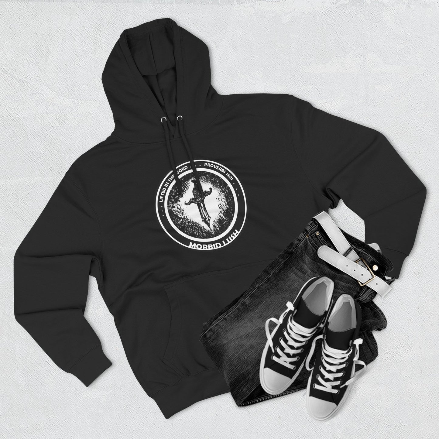 MORBID LUSH - LIFTED IN THE WORD - BLACK FLEECE HOODIE - Cozy Streetwear, Spiritual Gift, Trendy Unisex Apparel