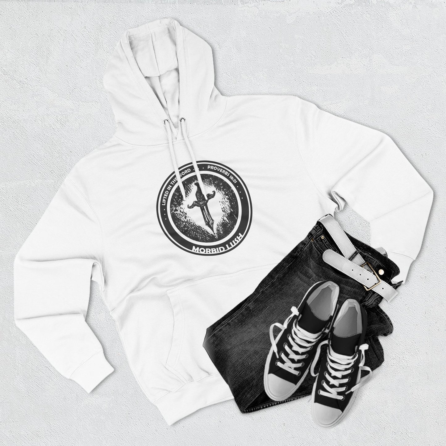 MORBID LUSH - LIFTED IN THE WORD - WHITE FLEECE HOODIE - Cozy Streetwear, Spiritual Gift, Trendy Unisex Apparel
