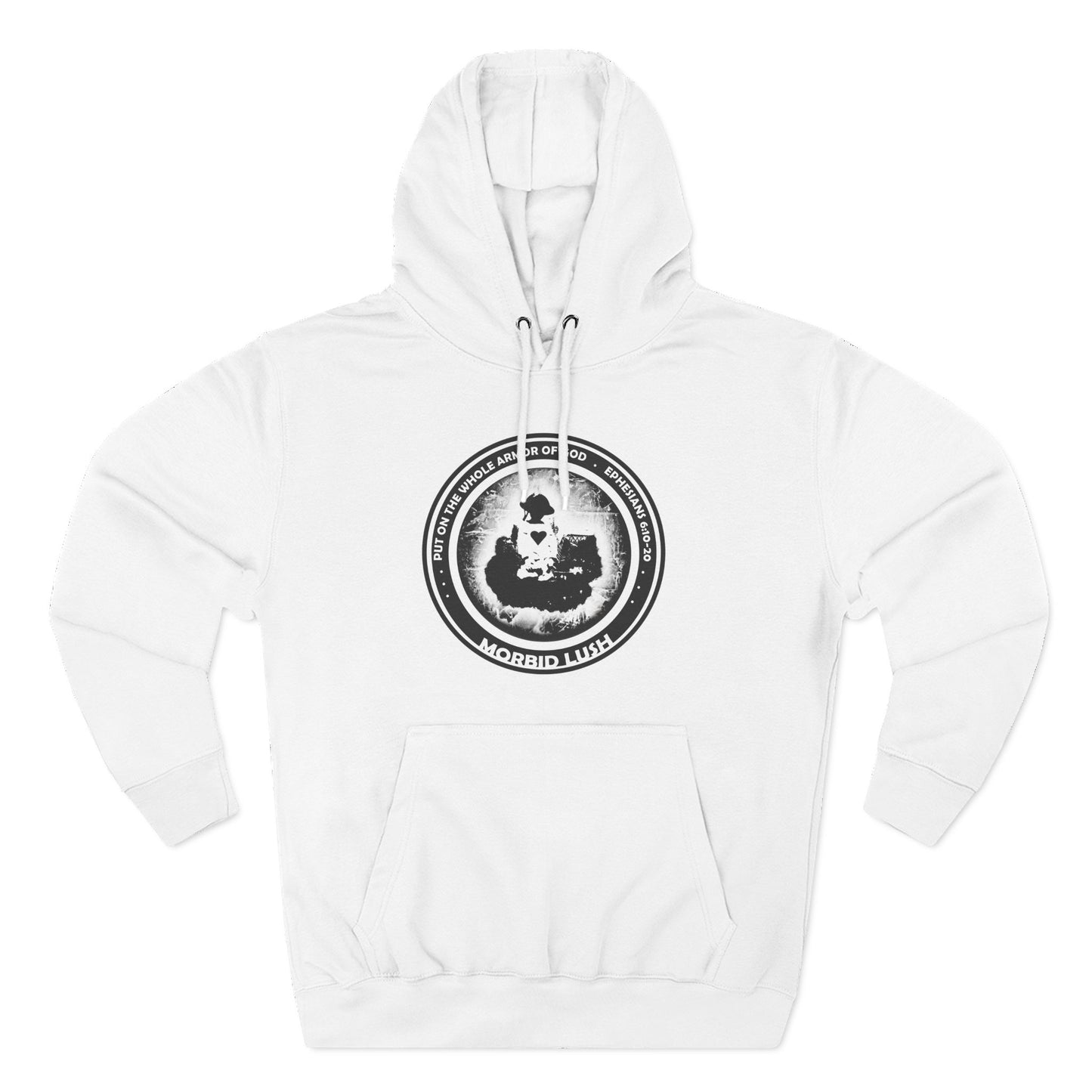 MORBID LUSH - ARMOR OF GOD - WHITE FLEECE HOODIE - Cozy Streetwear, Spiritual Gift, Trendy Unisex Apparel