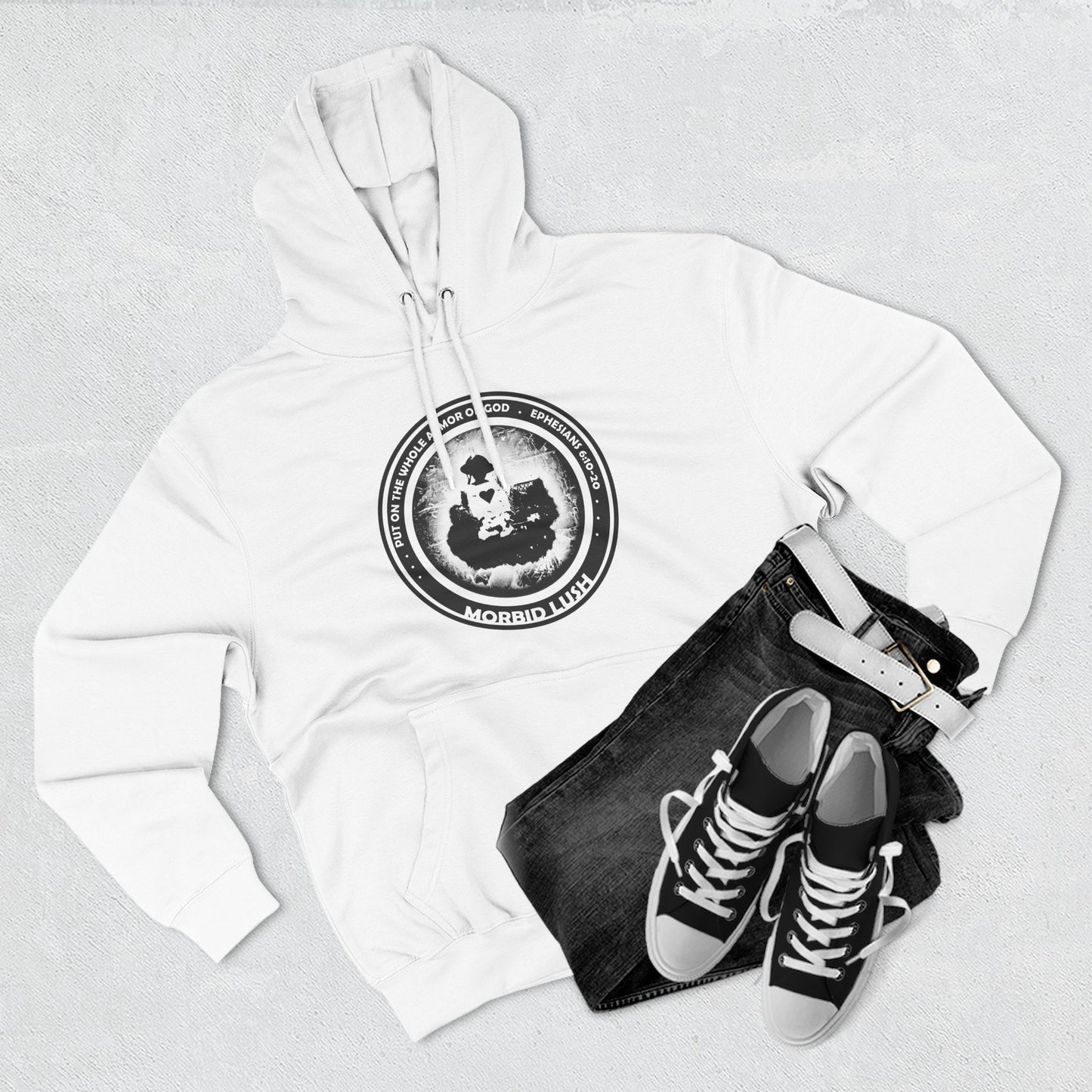 MORBID LUSH - ARMOR OF GOD - WHITE FLEECE HOODIE - Cozy Streetwear, Spiritual Gift, Trendy Unisex Apparel