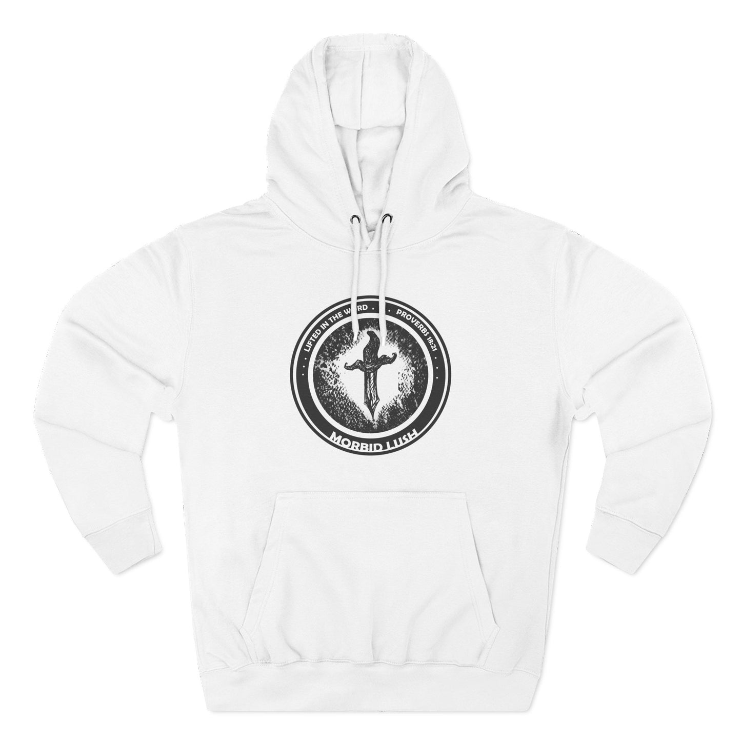 MORBID LUSH - LIFTED IN THE WORD - WHITE FLEECE HOODIE - Cozy Streetwear, Spiritual Gift, Trendy Unisex Apparel