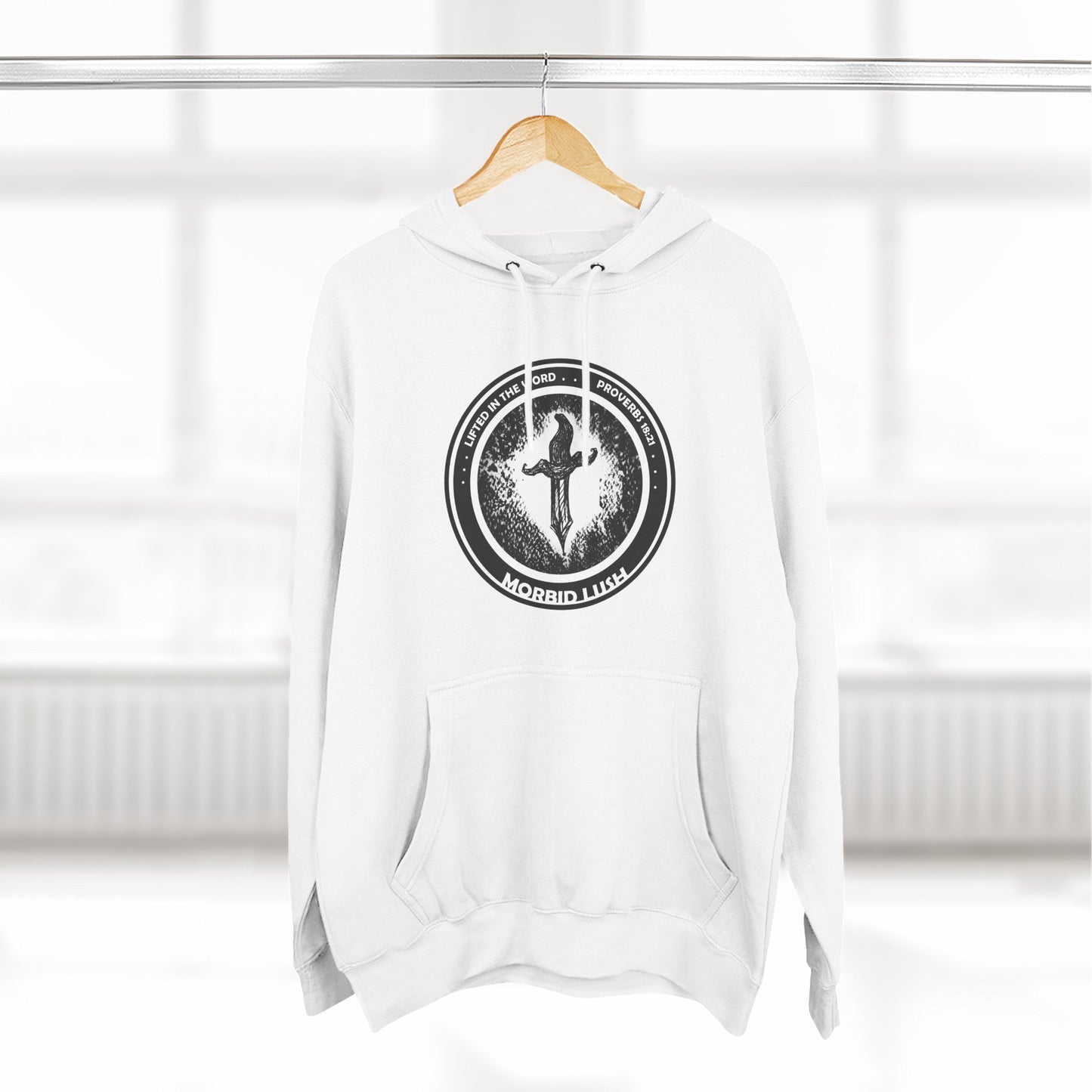 MORBID LUSH - LIFTED IN THE WORD - WHITE FLEECE HOODIE - Cozy Streetwear, Spiritual Gift, Trendy Unisex Apparel