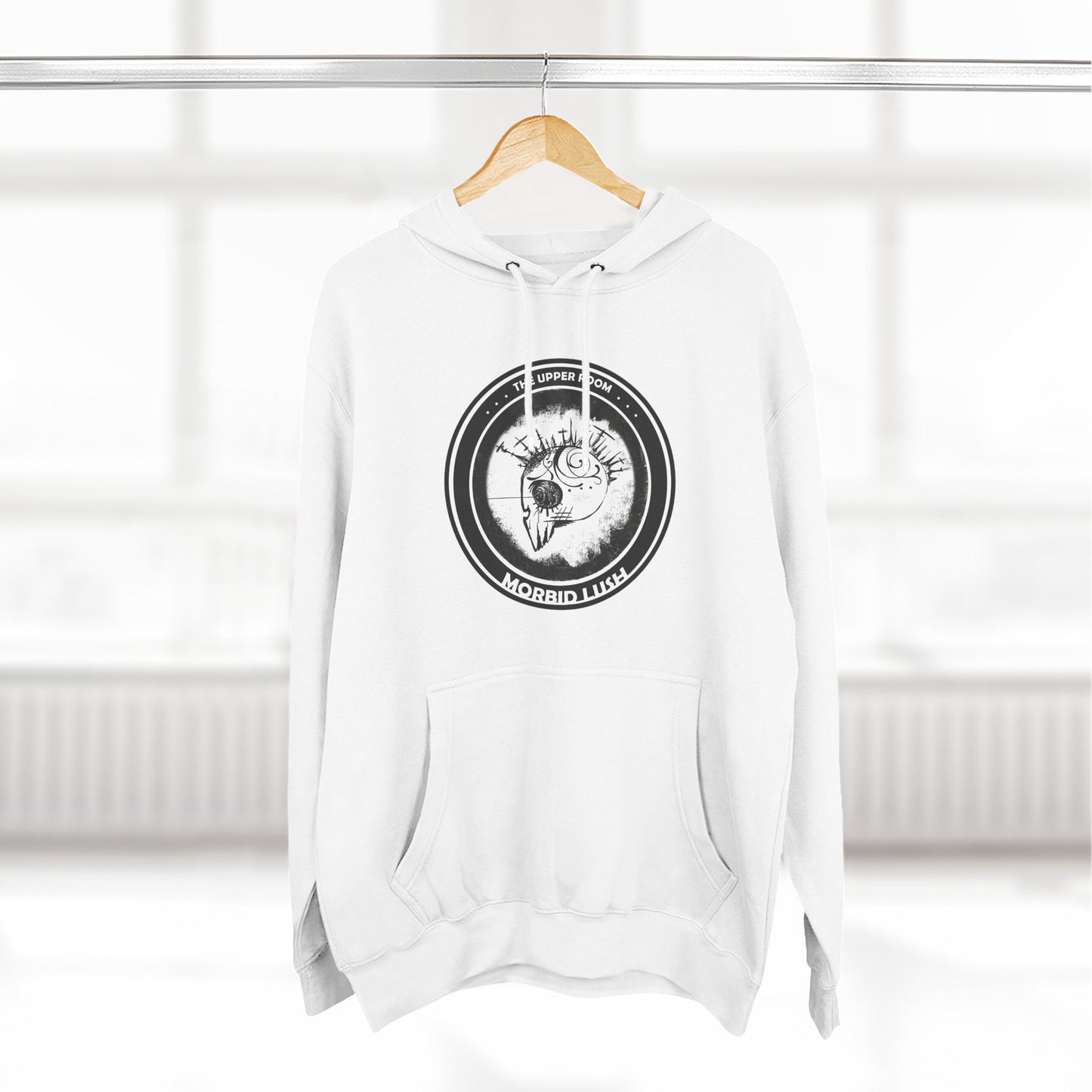 MORBID LUSH - THE UPPER ROOM - WHITE FLEECE HOODIE - Cozy Streetwear, Spiritual Gift, Trendy Unisex Apparel